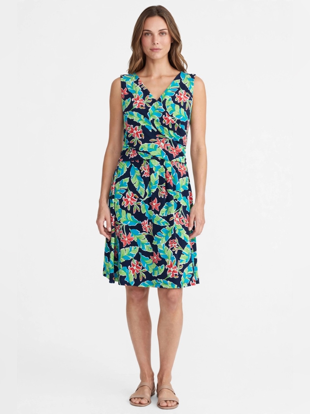 Lands' End Navy Dress with Coral Green Floral Print. Wrap Waist  size S/P EUC